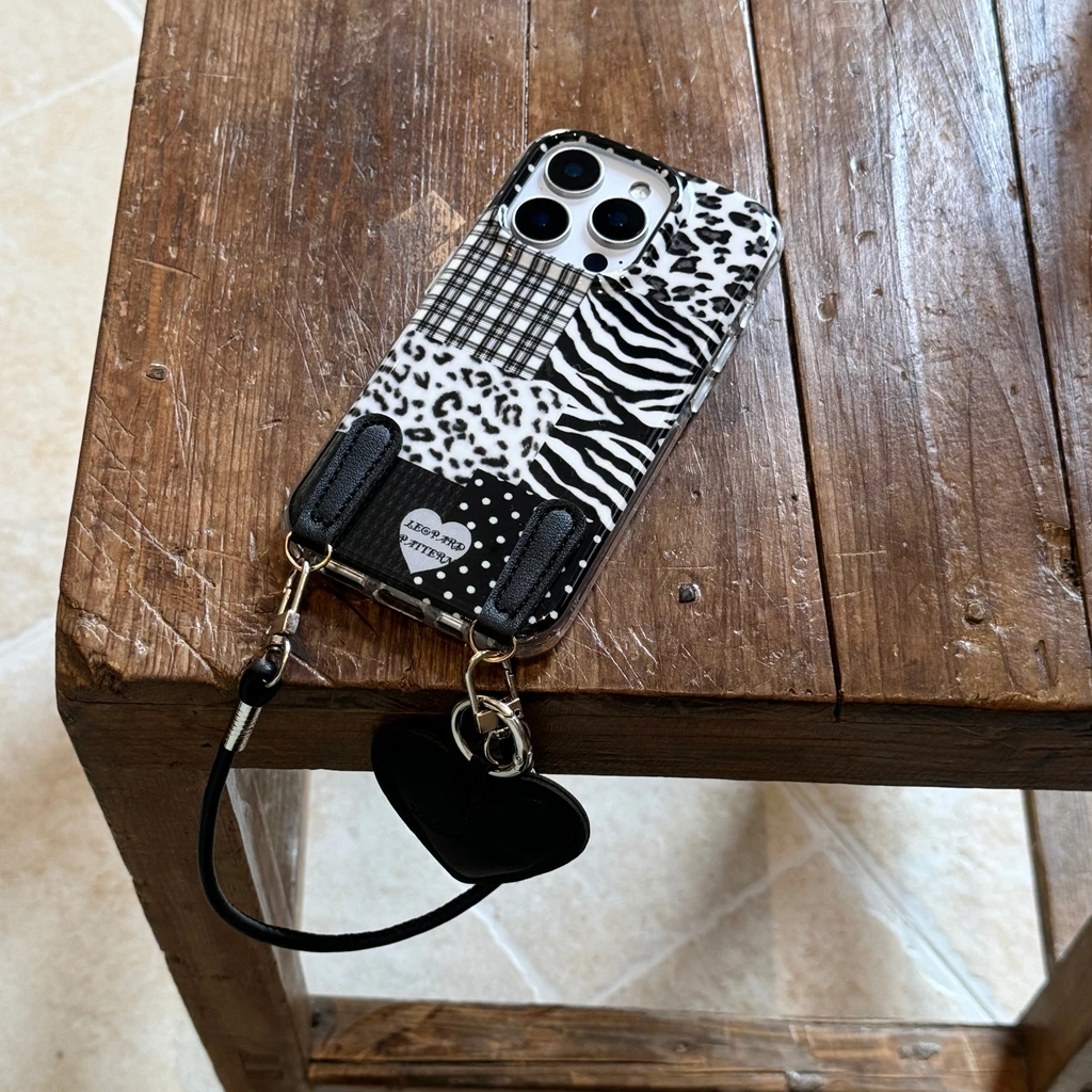 Avanzado negro blanco cebra leopardo estampado onda punto empalme amor corazón cordón funda de teléfono para iPhone 17 16 15 14 Pro Max