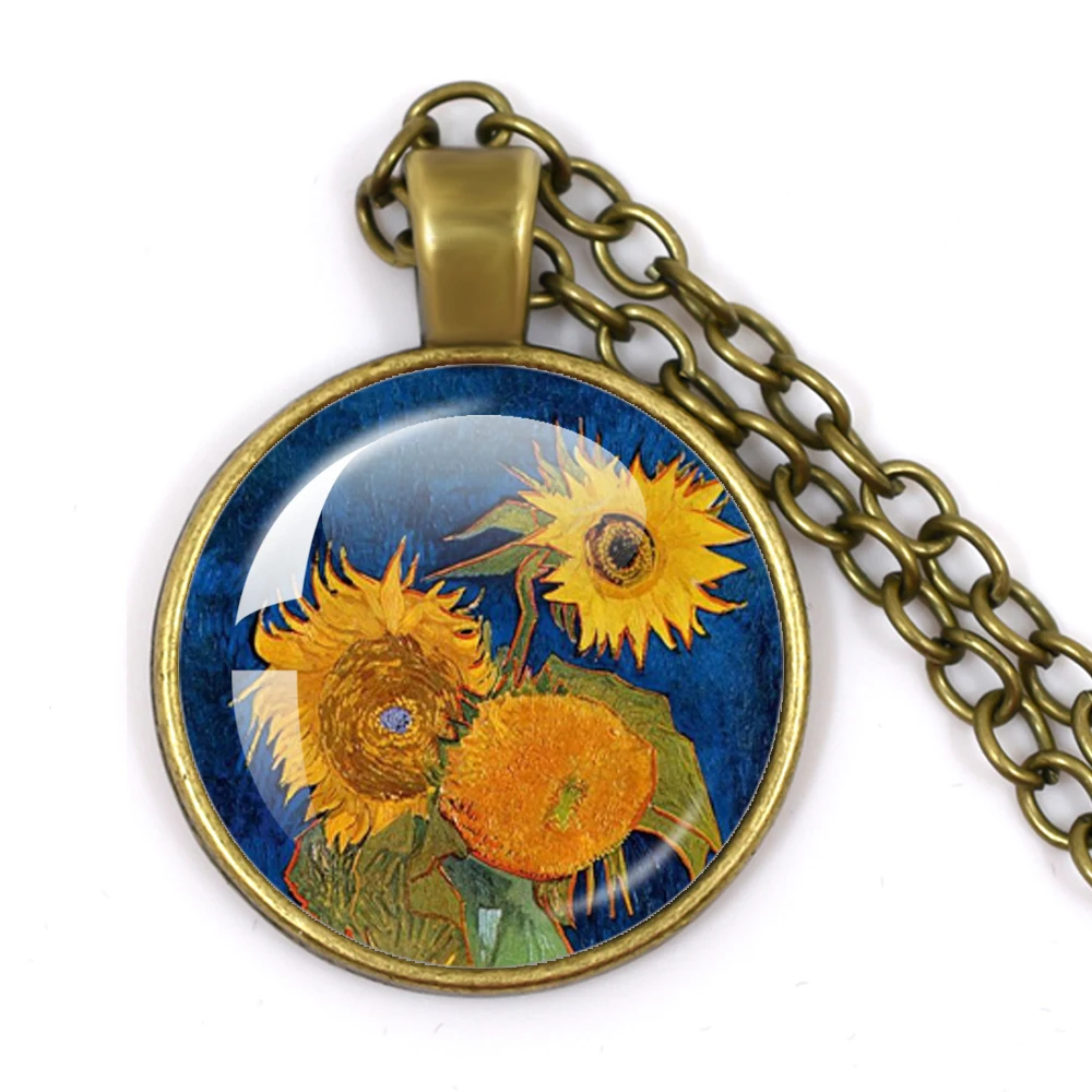 New Classic Starry Night Pendant Van Gogh Necklace Glass Art Painting Pendants Jewelry Moon And Atars Necklaces Gift