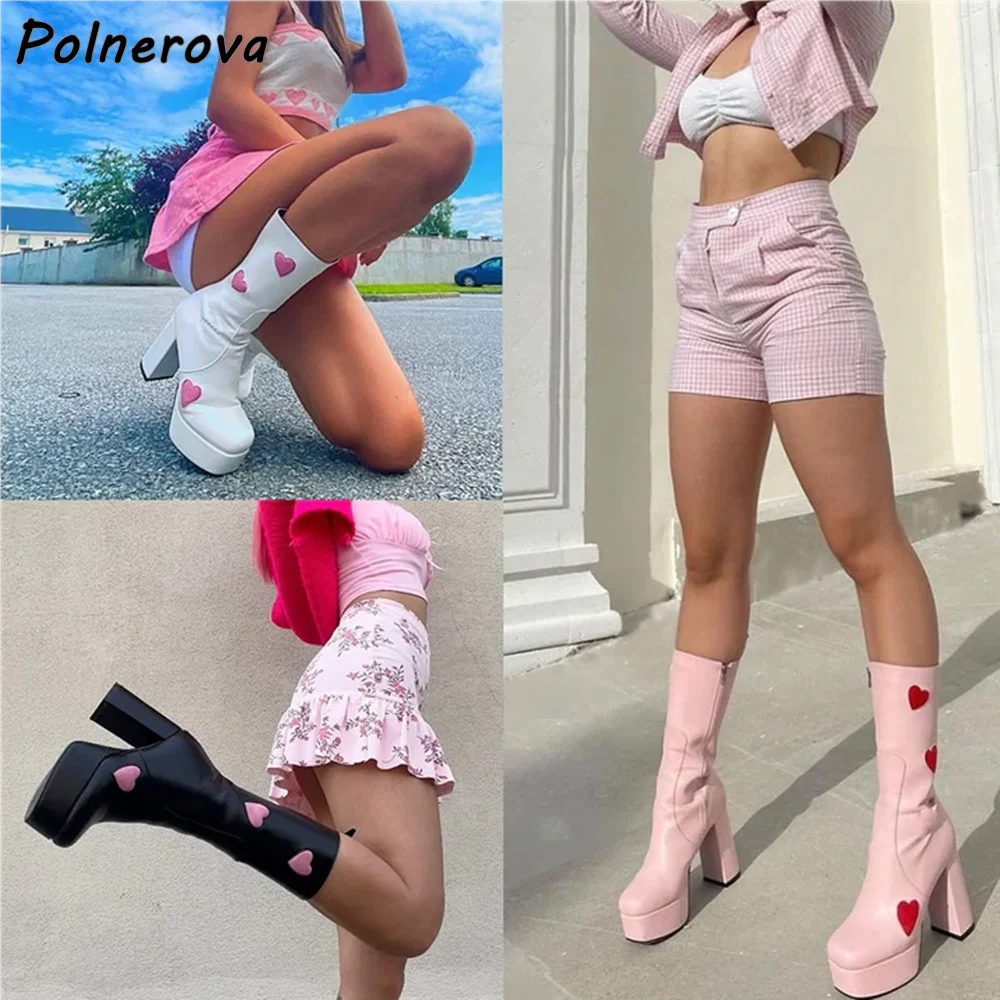 

Patchwork Heart Platform Boots Chunky Heels Side Zipper Mixed Color Leather Round Toe Shoes Women's Elegant Winter Sexy Shoes