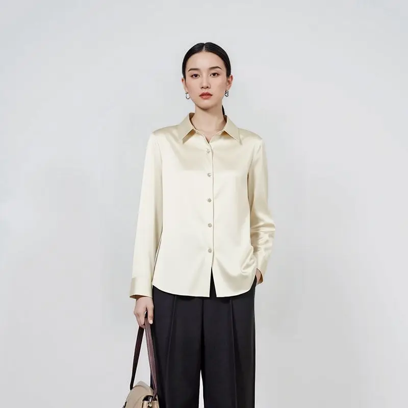 2025 Dames lente en herfst nieuw 93% natuurlijke moerbeizijde Elastisch satijn Commuter effen kleur los licht luxe stijl overhemd