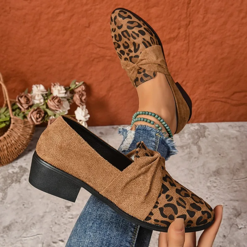 2024 New Leopard Women Chunky Loafers Shoes Suede Fashion Mid Heels Walking Shoes New Brand Pumps Casual Dress