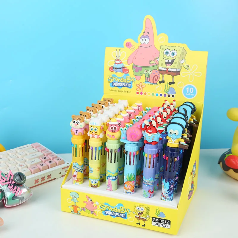 36pcs Spongebob Squarepants 10 Colors Ballpoint Multi Color Press Pen Cute Cartoon Gel Pen Student Supplies Stationery Wholesale