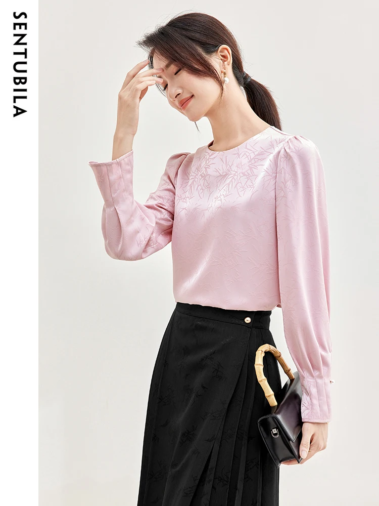 SENTUBILA Puff Long Sleeve Elegant Chiffon Blouse Women Keyhole Back Shirt Lady Chinese Style Jacquard Bamboo Leaf Top 133V51225