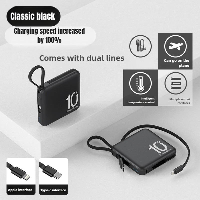 

Мини-Power Bank емкостью 20000 мАч, встроенные кабели, портативное зарядное устройство, внешняя батарея с быстрой зарядкой для IPhone, Samsung, Xiaomi Powerbank