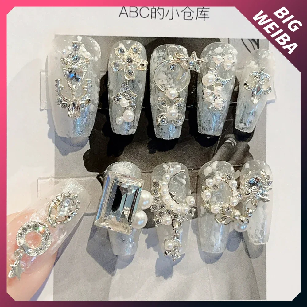 10 ชิ้น Diy Luxury Court เงา Rhinestone Handmade กดบนเล็บยาวโลงศพสั้นสแควร์ Reusable ฝาครอบเล็บ