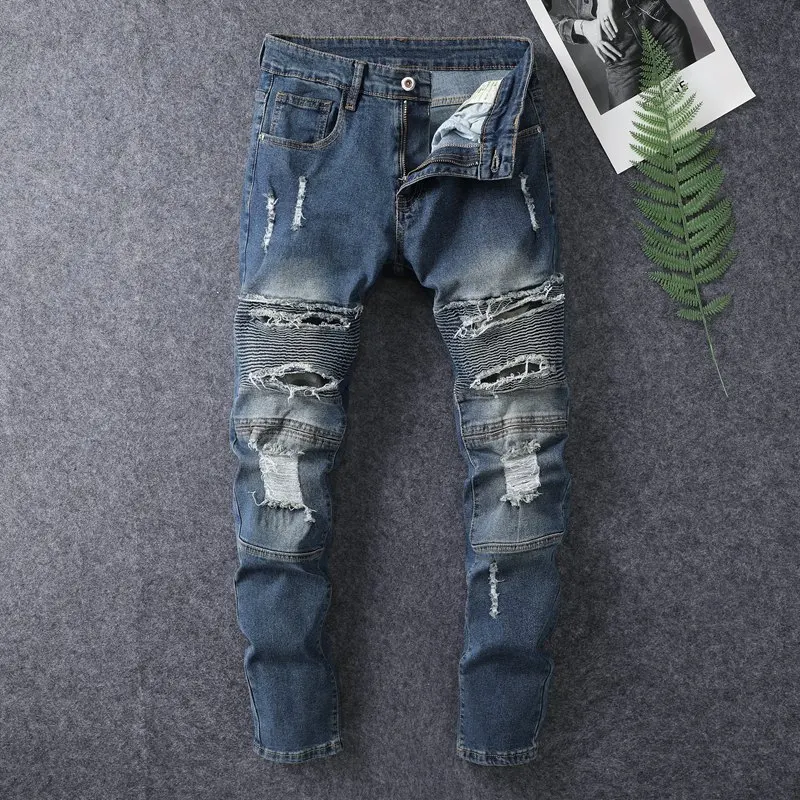 Broken pleated motorcycle jeans for men with slim fit and small feet retro and nostalgic trend street casual elastic denim pants