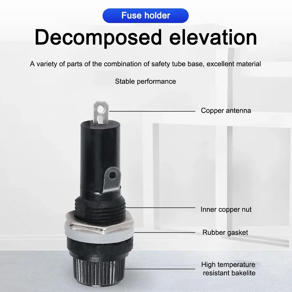 10PCS Panel Mount Chassis Fuse Holder For 5x20mm Glass Fuses 10A 250V Black High Temperature Resistant Copper Nut Electrical