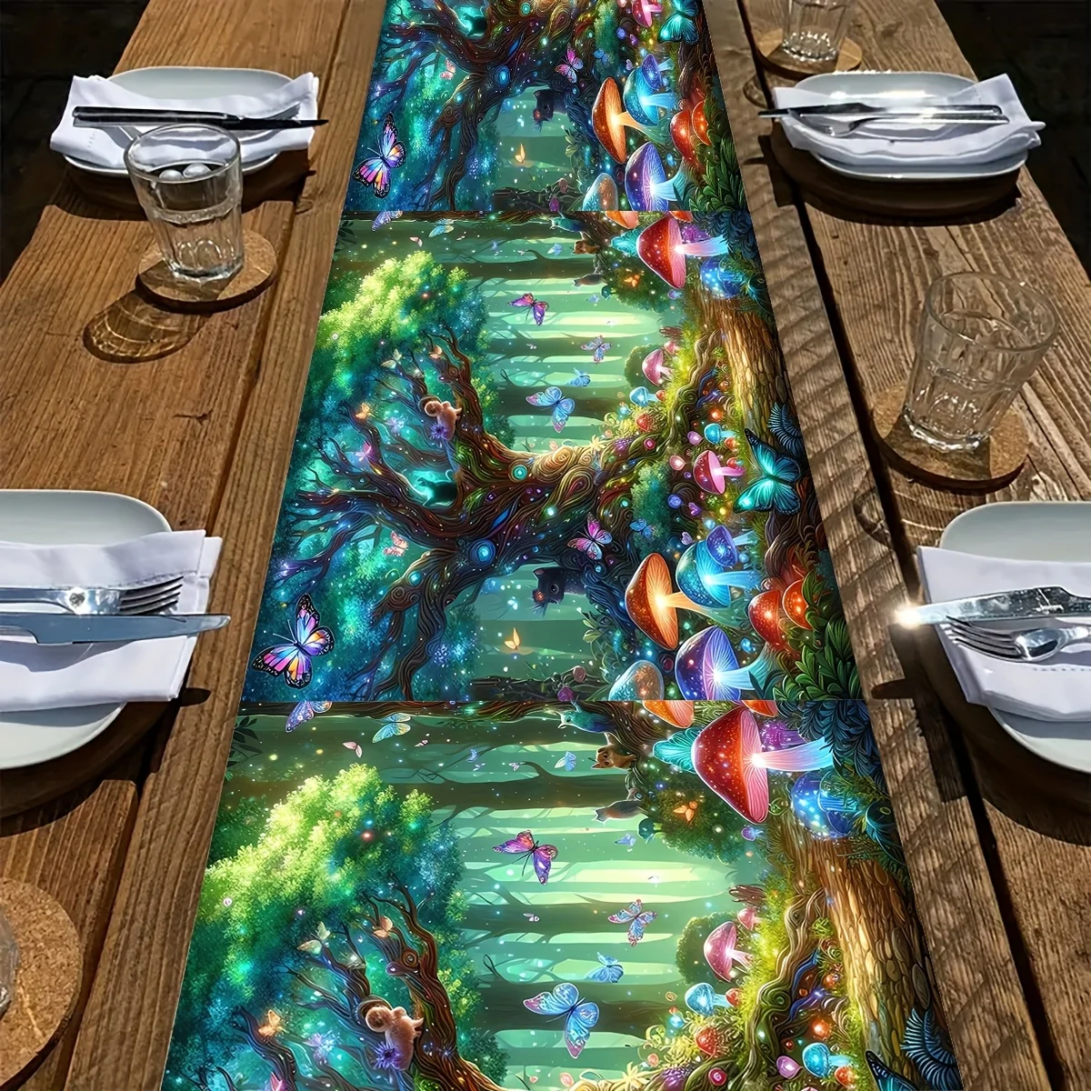 Enchanted Forest Fairy Tale Table Runner - Vibrant Mushrooms Butterfly Motif Decoration for Dining Coffee Table Home Party