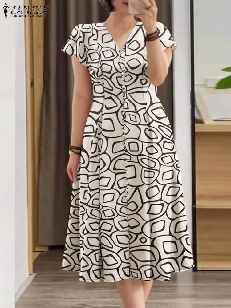 ZANZEA Ruffled Short Sleeve Party Robes All-Over Printed Elegant Summer 2024 V Neck A-line Vestidos Women Fashion Midi Dress