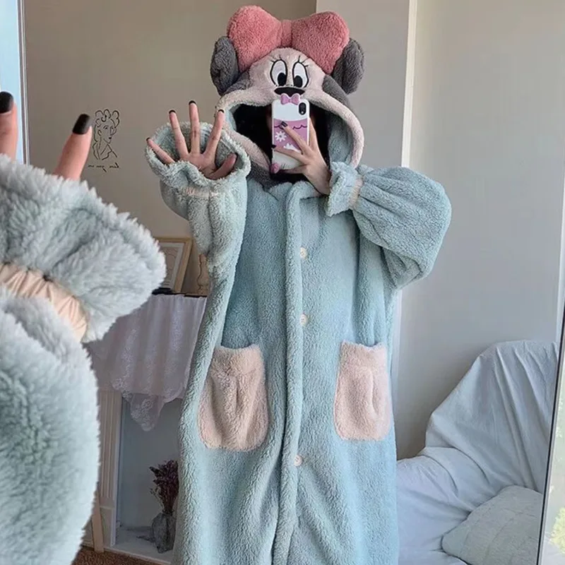 Miniso Green Disney Mickey Mouse Plush Pajamas Big Bows Kawaii Warm Hooded Robe Button Oversized Winter Sleepwear Women Clothing