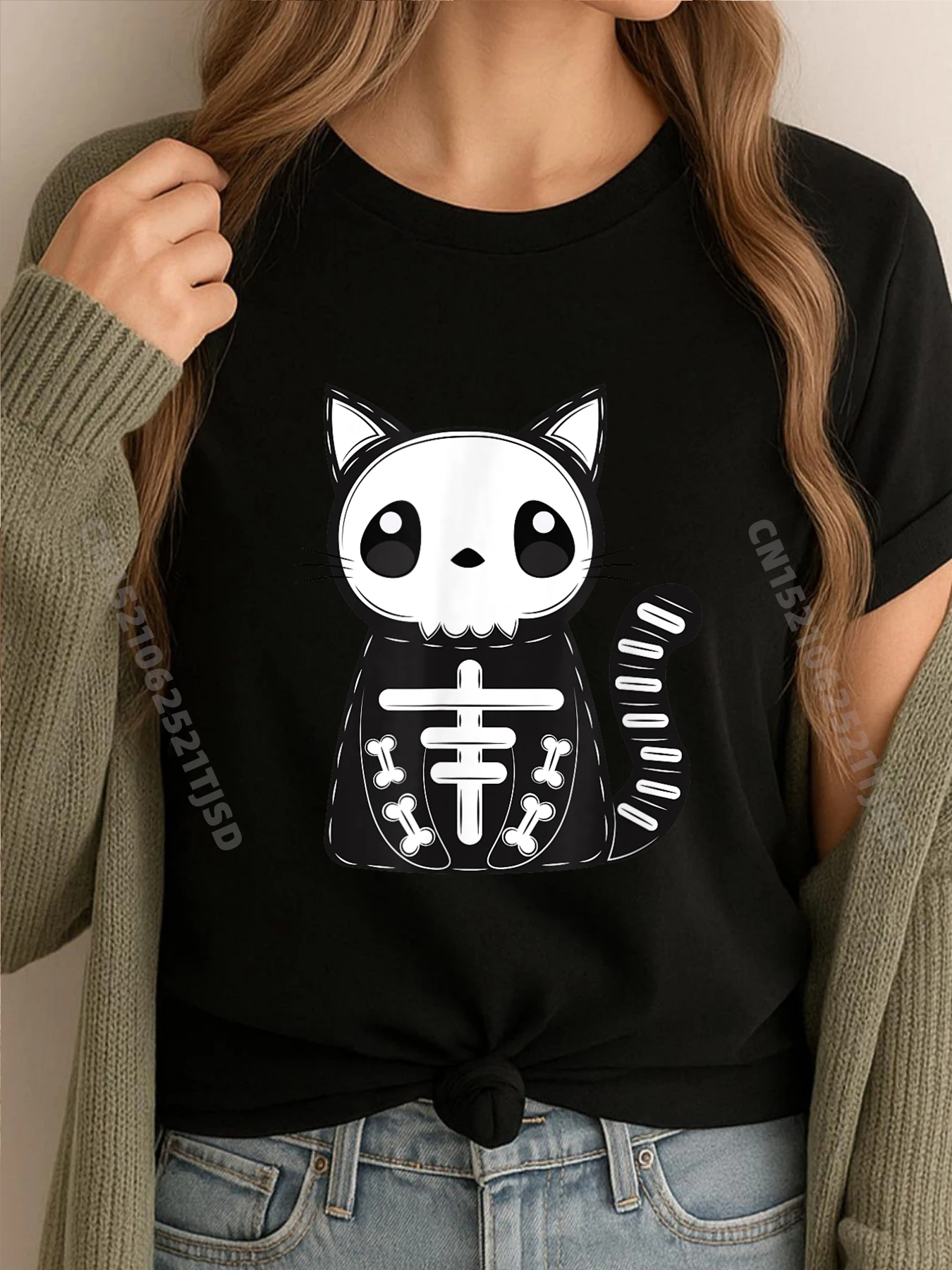 

Хэллоуин Кот Скелет Негабаритная Футболка Женская Негабаритная Футболка Большая И Высокая Нормальная