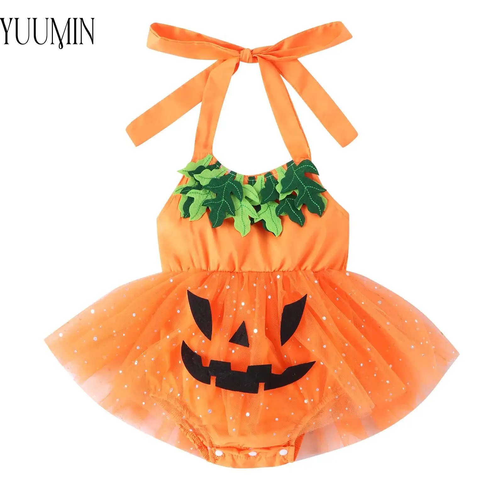 

Newborn Infant Baby Girl Halloween Costume Dancewear Dress Halter Neck Sleeveless Romper Dress Tulle Tutu Dress Pumpkin Costume