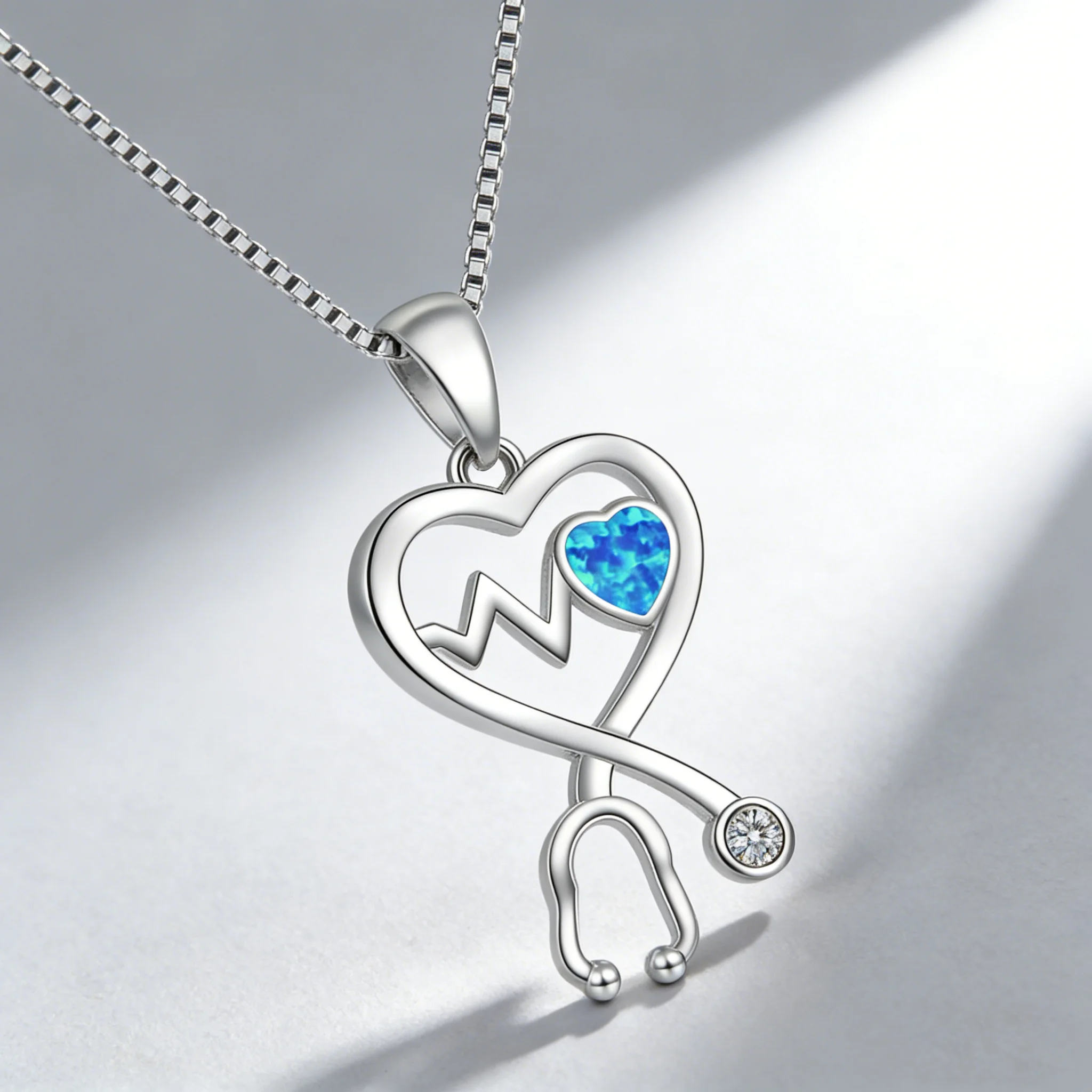 Medical Jewelry for Women,Heart Stethoscope Necklace with Blue Opal,Silver Plated Appreciation Gift, Nurse Graduation Present - view 3