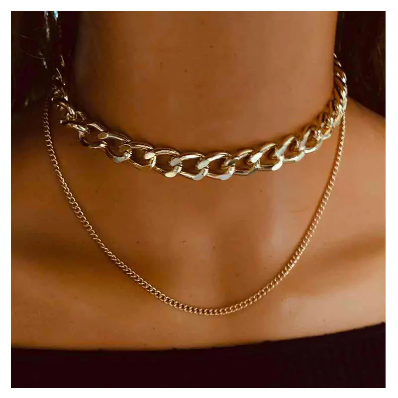 European and American fashion alloy texture exaggerated thick necklace collarbone chain, retro double-layer necklace female 1456