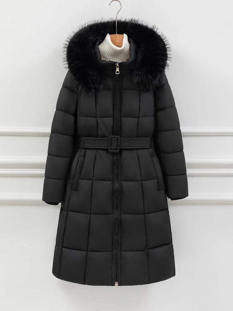 

Winter New Sle Small Fraance Sle Belted Large Fur Collar Cotton Jaet Women's Mid-Length Slim Fit Waist Cotton Coat