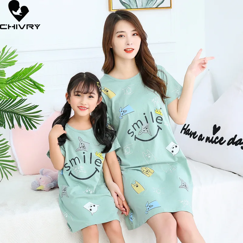 New Mother Daughter Summer Nightdress Short Sleeve Cartoon Loose Dress for Girls Women Mom Mommy and Me Nightgowns Pajamas