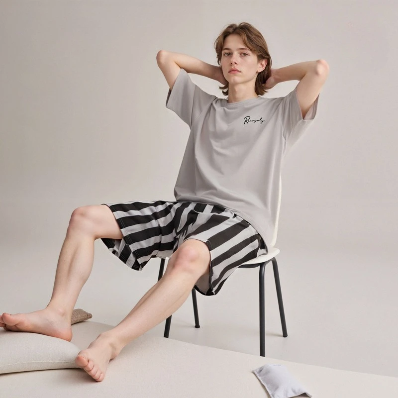 Men's Summer Class A Striped Loungewear Set, Super Soft Modal Cotton Thin Short Sleeve Pajamas for Ultimate Comfort
