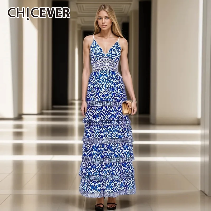 

CHICEVER Colorblock Printing Slim Dress For Women Sleeveless Off Shoulder Tunic Spliced Ruffels Trim Casual Maxi Dresses Female