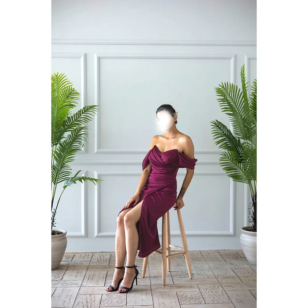 

Прямые вечерние платья фиолетового цвета с открытыми плечами по индивидуальному заказу, банкетные платья для выпускного вечера, платья в наличии размеры