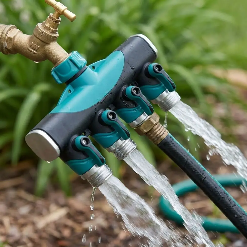 3/4 Inch 4 Way Hose Connector Splitter Zinc Alloy with Shut Off Valve Garden Irrigation Splitters Corrosion Resistant