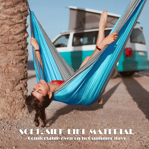 Imagen 2 del producto Hamaca para acampar, accesorios para acampar, equipo para exteriores e interiores con correas para árboles, hamacas ligeras de nailon para turismo y senderismo