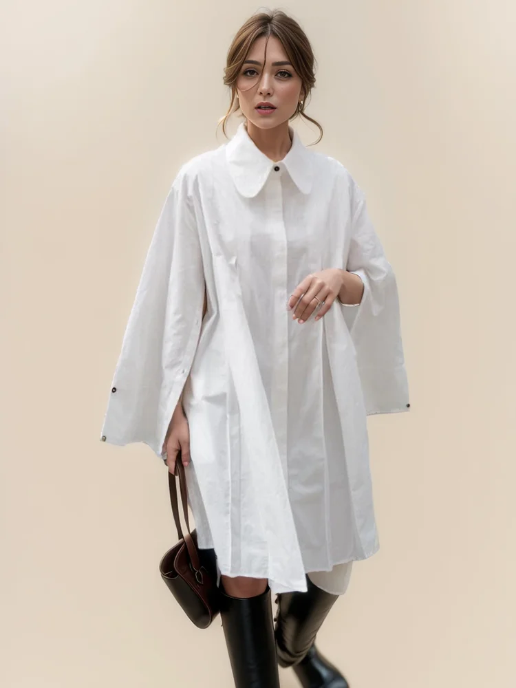 DEAT Fashion Women Shirt Dress Lapel Loose Single Breasted 65% Cotton Long Slevee Overknee Pleated Dresses Spring 2024 7AB2799