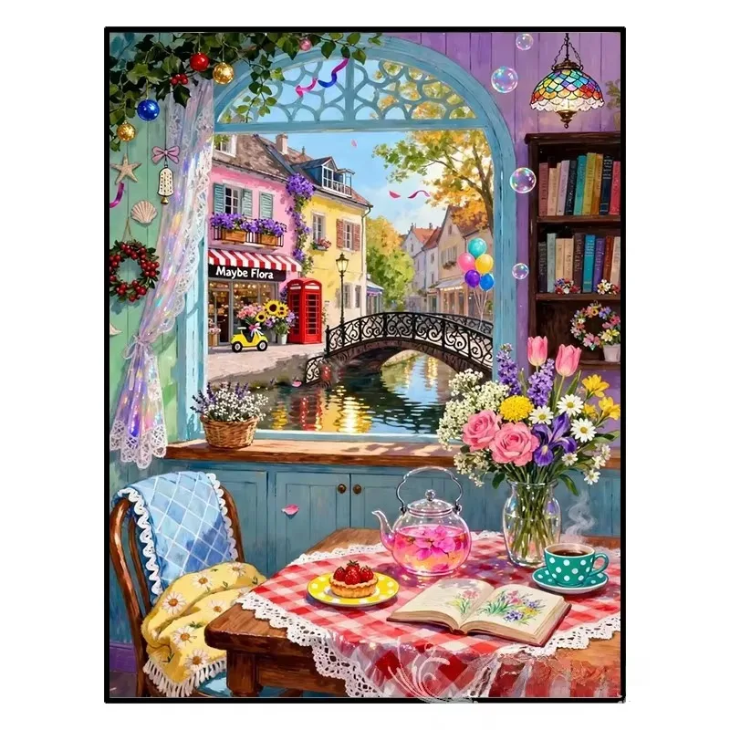 Peinture Diamant Mosaïque Artisanale, Vue Chaleureuse sur Fenêtre surplombant une Ville Européenne avec Canal, Kit d'Art Créatif DIY, Cadeau Décoration Maison
