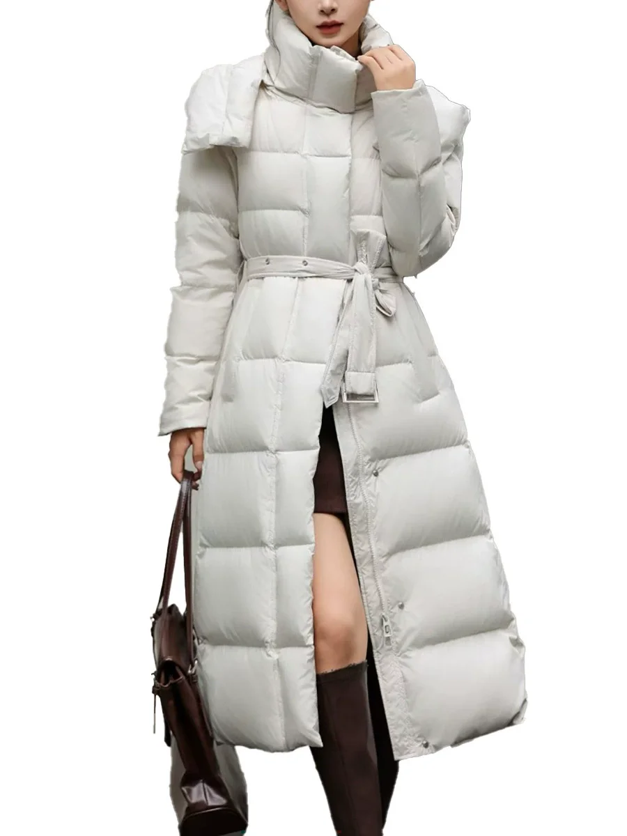 Donsjack met lange taille voor dames 2025, wintermode, verdikte witte eendendons, over de knie jas met capuchon, trendy