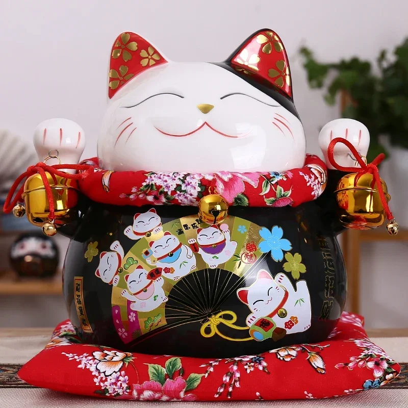 10 inch Black Ceramic Maneki Neko Ornament Lucky Cat Money Box Fortune Cat Figurine Chinese Statue Piggy Bank with Bells