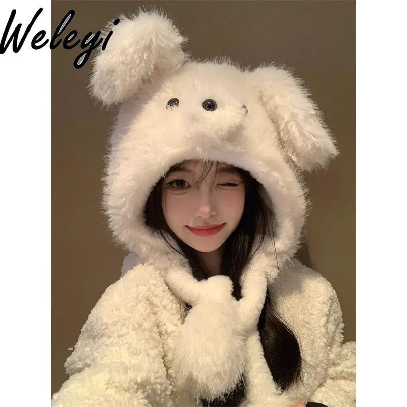 Warm Cute Women's Puppy Ears Moving Plush Hat 2024 Autumn and Winter Sweet Girl Thickened Cold-proof Ear Protection Knitted Cap