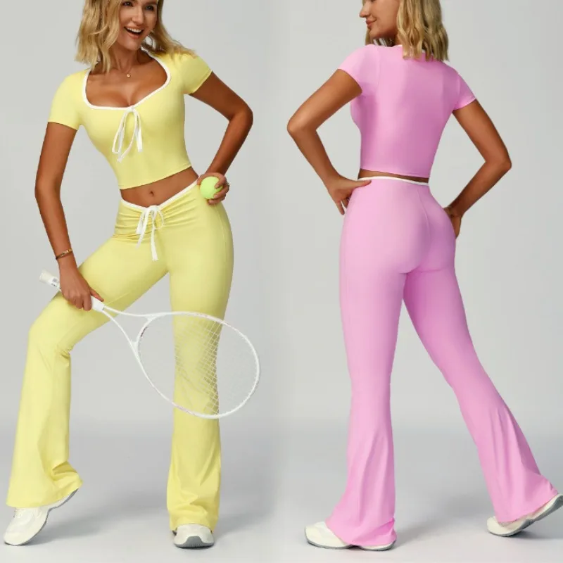 

Women's Yoga Set Contrasting Colors Edging Sports Short Sleeved High Waisted Slightly Flared Slim Fit Fitness Outdoor Sports Set