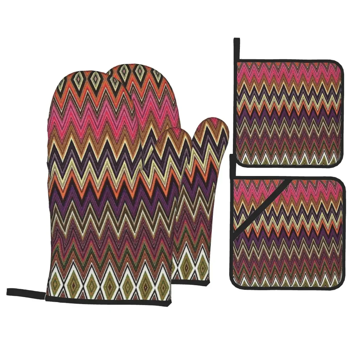 

Home Zigzag Multicolor Oven Mitts and Pot Holders Sets of 4 High Heat Resistant Boho Cooking Baking Gloves for Kitchen BBQ