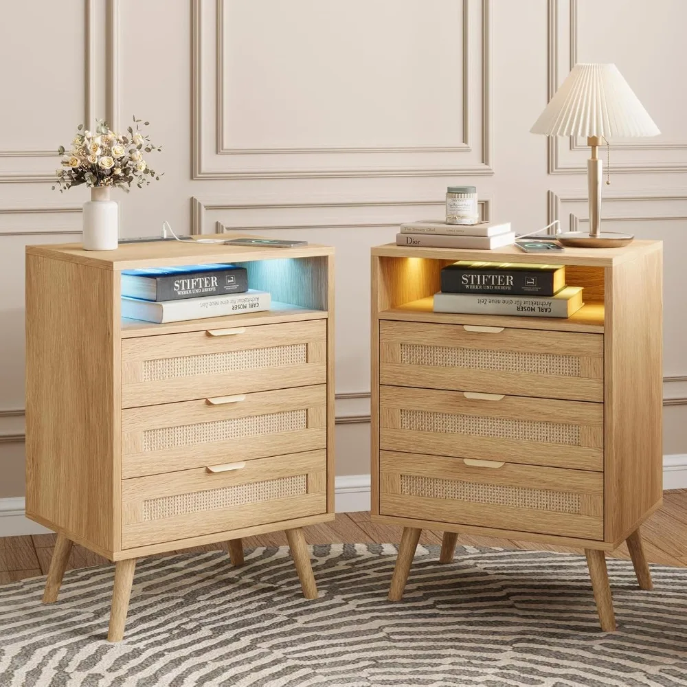 

Rattan Nightstand with Charging Station USB Port Led Lights and Storage Drawers, Bedroom Furniture Night Stand Bedside