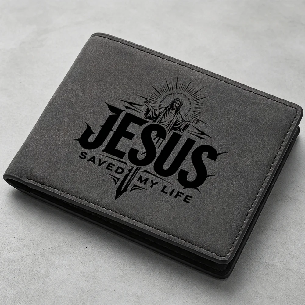 Men's Vintage PU Leather Bifold Wallet with Jesus Saved My Life Figure Cross Print Credit Card Holder Portable Pocket Wallet