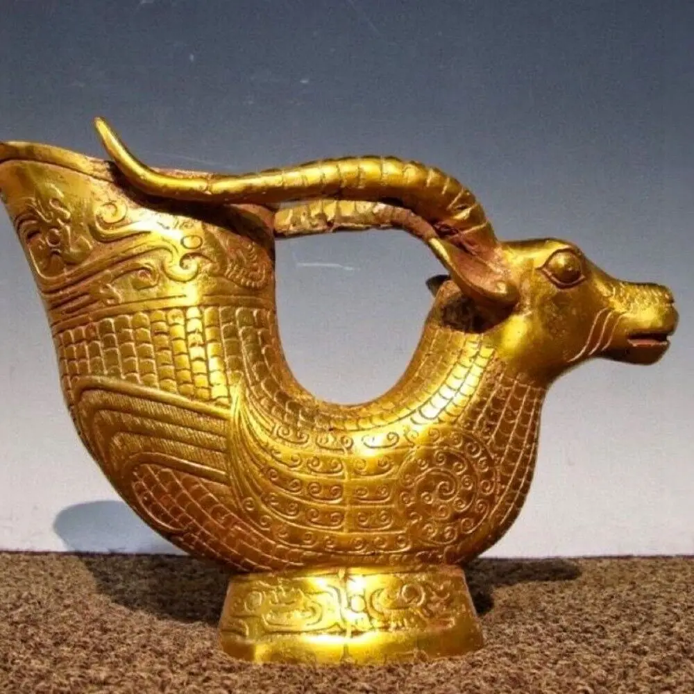 Antique Collection Warring States Period Bronze Gilt Croissant Wine Cup Sheep