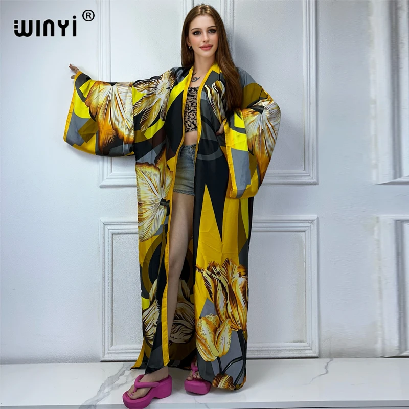 Kimono damskie z nadrukiem letni kwiat kardigan z długim rękawem bluzka damska abaya stroje plażowe kobiety zakrywają boho maxi sukienkę