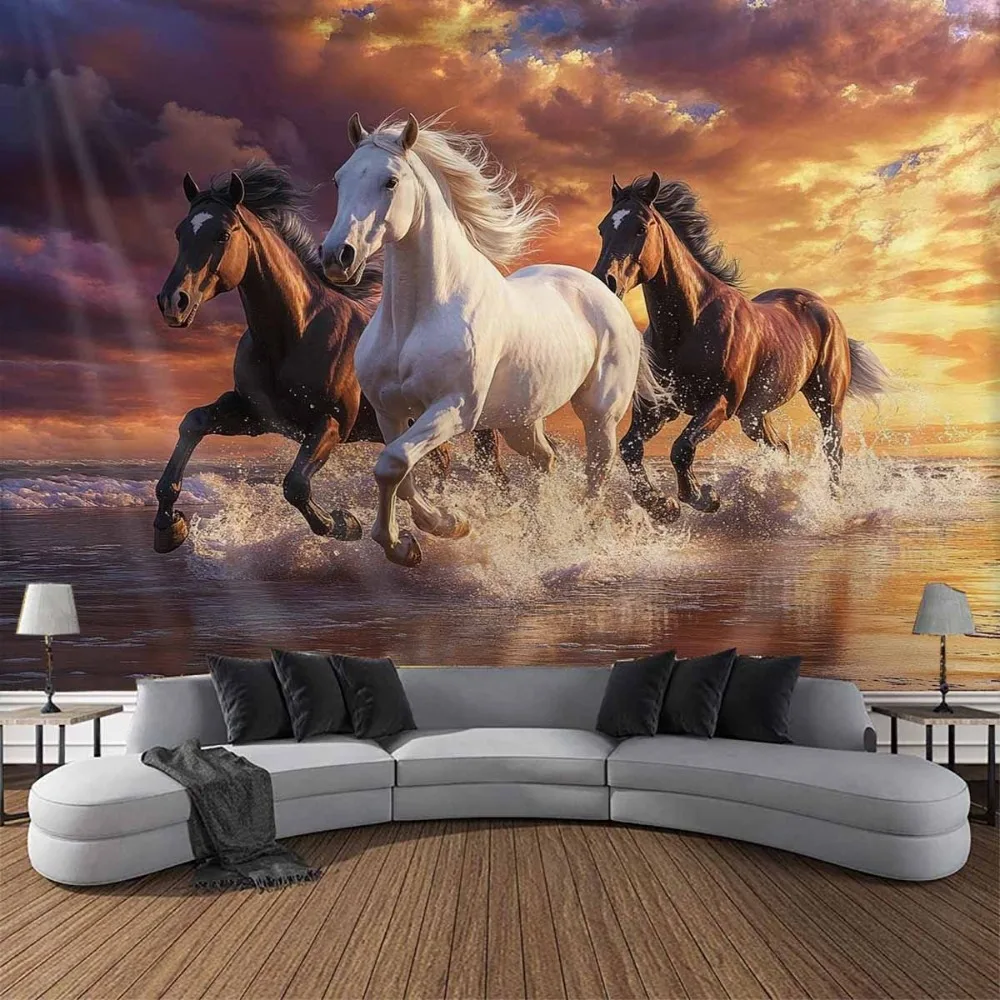 Running Horses Tapestry Wall Hanging, White and Brown Stallions Galloping on Beach at Sunset, Dynamic Animal Wall Art for Living