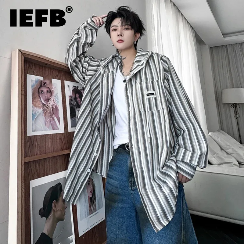 

IEFB 2024 Autumn Hooded Striped Design Shirt Men's Streetwear Drawstring Loose Long Sleeved Male Casual Tops Trendy New 28W4793