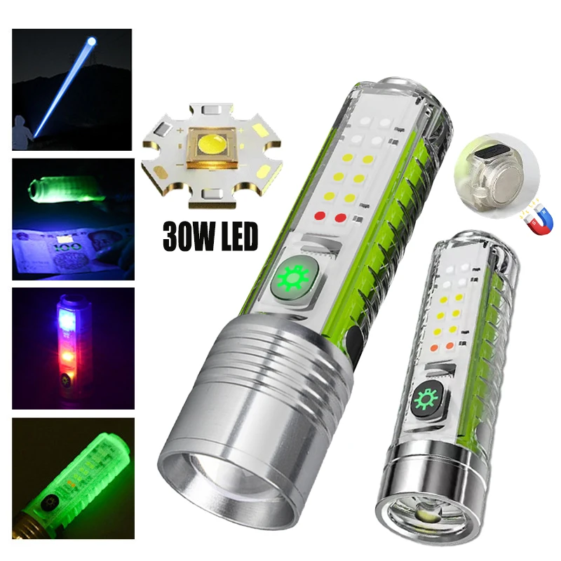 Powerful LED Fluorescence Flashlight Type-C Rechargeable Waterproof Zoom Torch Outdoor Multifunction Portable Camping Lantern