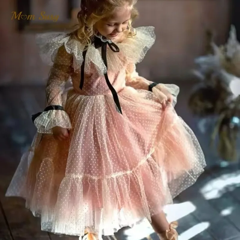 Baby Girl Princess Bow Tutu Dress Long Sleeve Toddler Child Dot Tulle Dance Vestido Birthday Wedding Party Baby Clothes 2-13Y