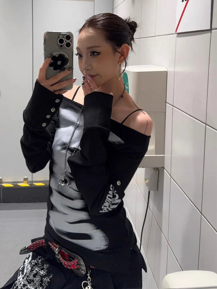Women Off Shoulder Long Sleeve Top Skeleton Bone Print Finger Hole Cuff Slim Fit Gothic Y2K Casual Blouse
