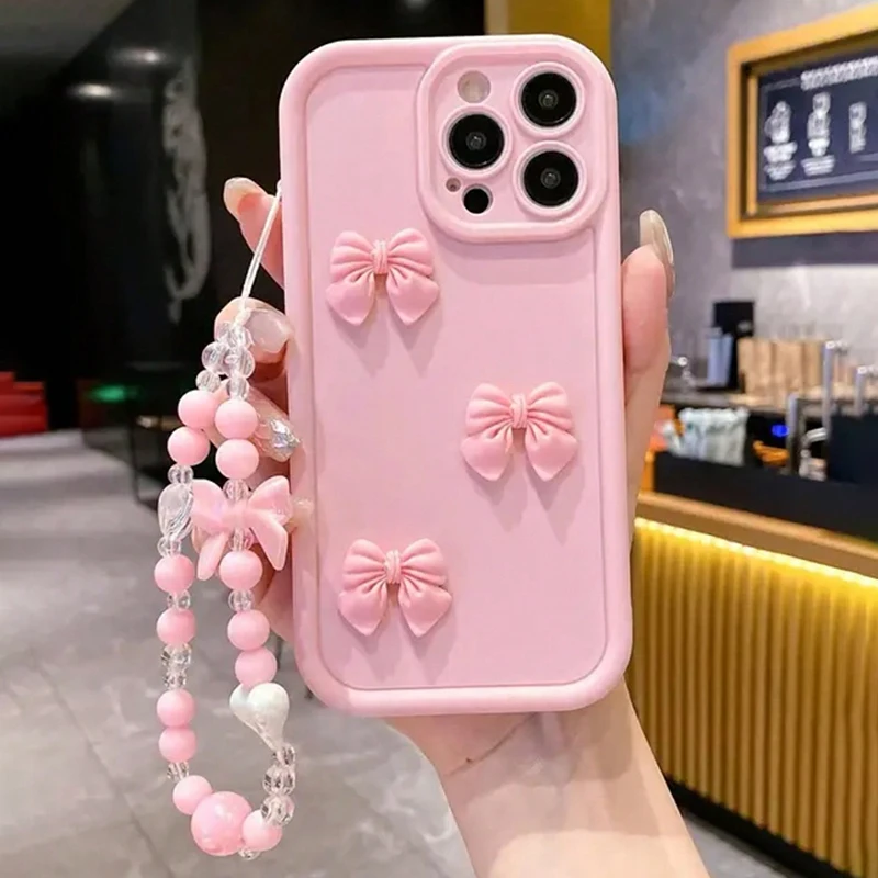 Niedliche 3D-Schleifen-Luxus-Handyhülle für iPhone 11 12 13 14 15 16 17 Pro Max 16E X XS XR Plus Hüllen mit Schleifenband und Hängeseil. – Detail 1