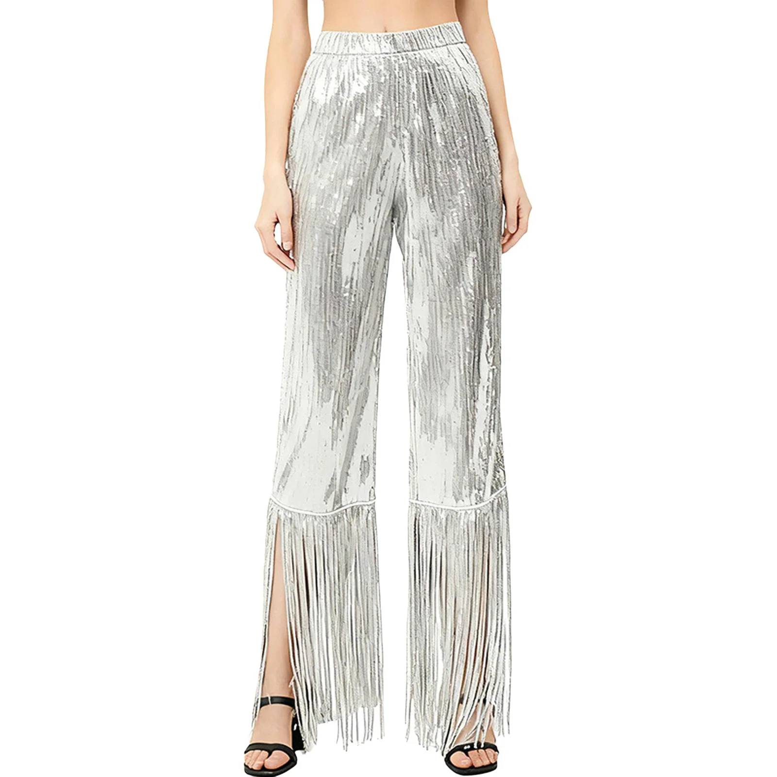 

Womens Tango Chacha Dance Fringe Trousers Allover Sequin Wide Leg Pants with Tassel Legs Latin Dance Pants for Stage Party