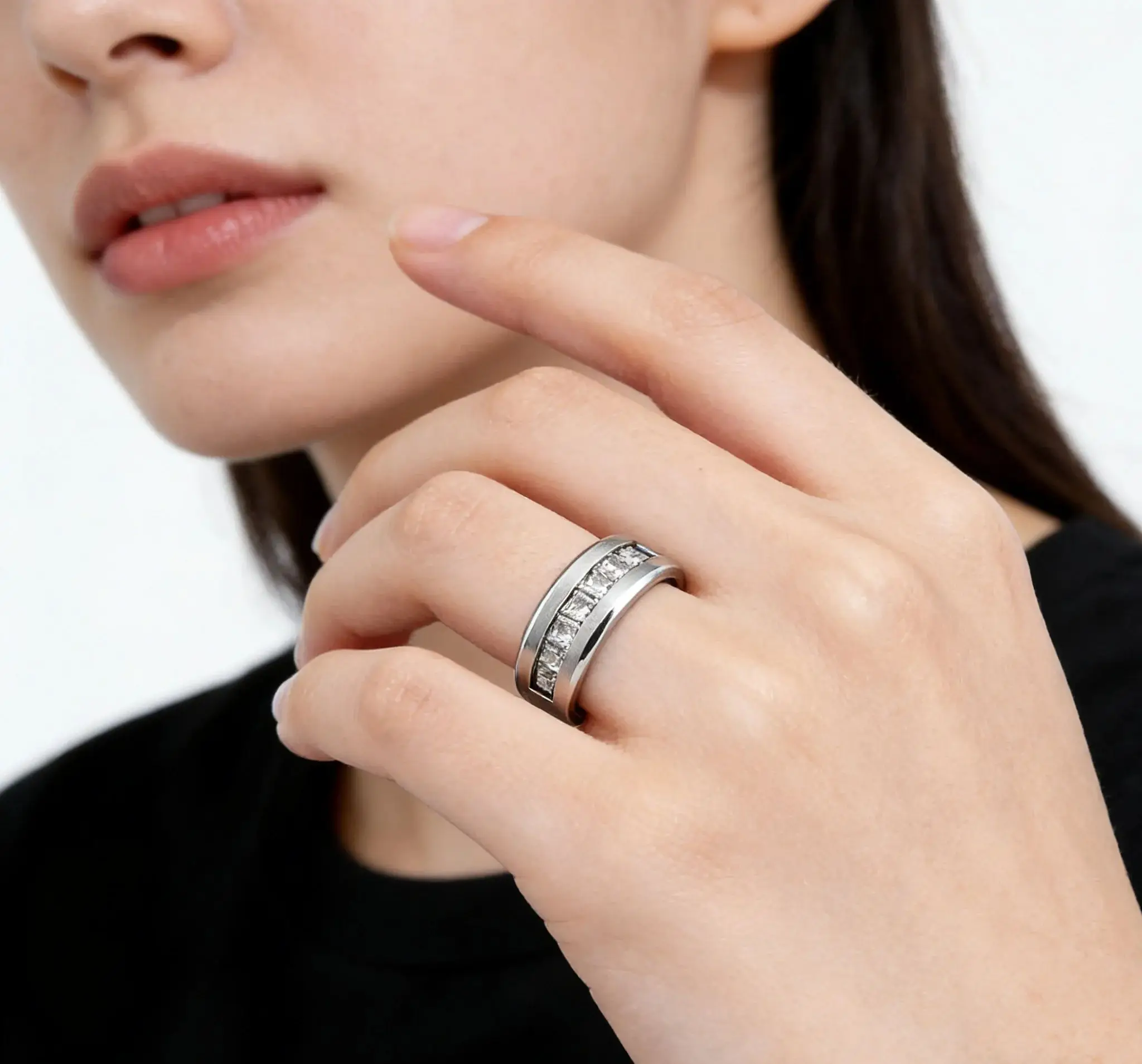 

Men Silver Plated Stainless Steel Ring with Square Cubic Zircon Size 7-13 Jewelry Accessory for Wholesale