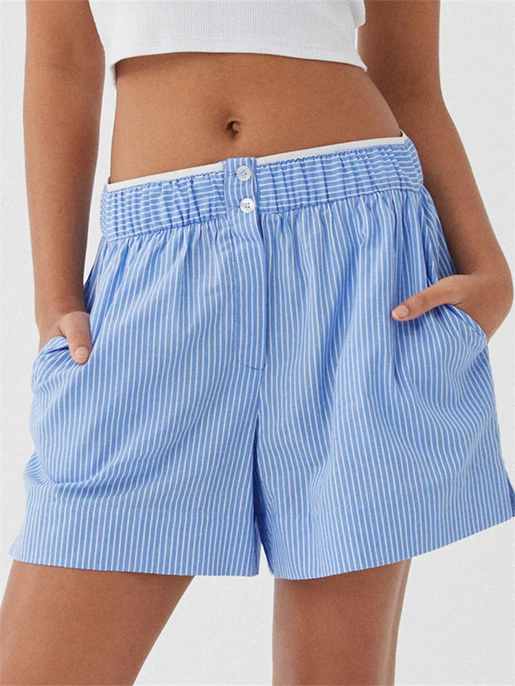 

Women's Loose Shorts Striped Buttons High Elastic Waist Wide Leg Short Pants Summer Casual Shorts Lounge Beachwear Homewear