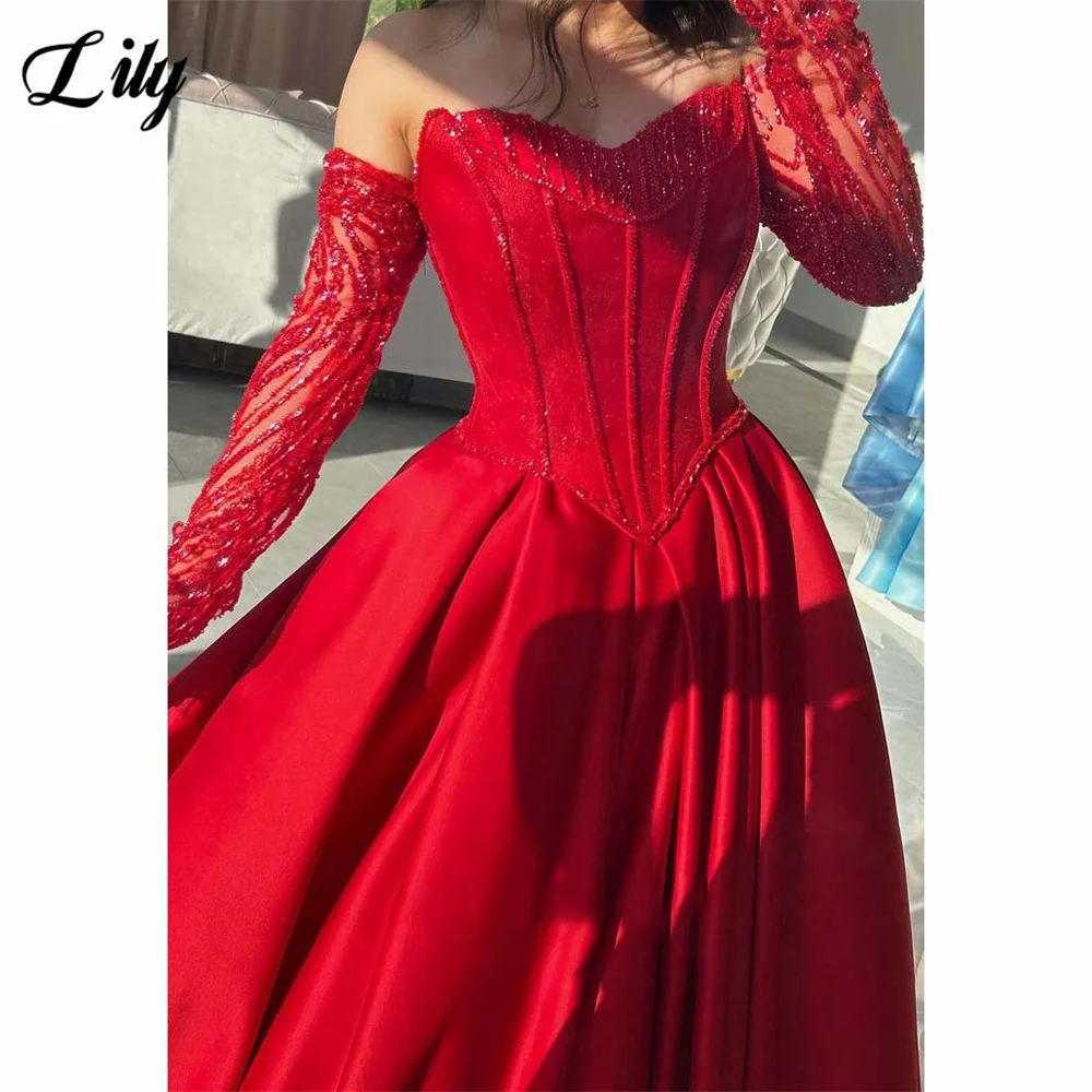 Lily Red Evening Dresses Off the Shoulder Long Sleeve Prom Dresses Beading On Chest Party Formal Gown robe de bal Customized