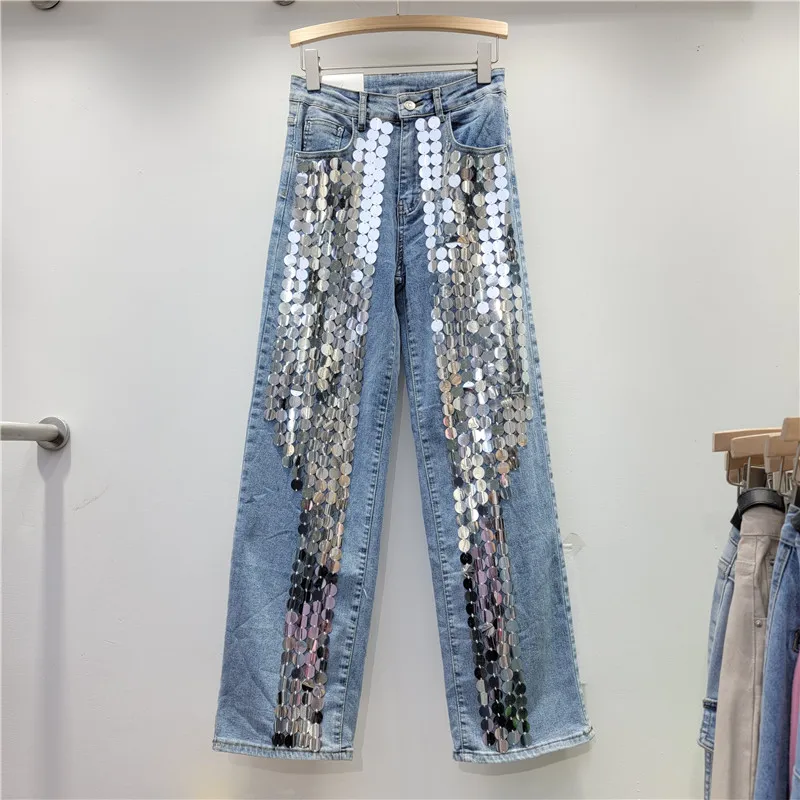 2024 Spring Summer Women Fashion Glitters Bling Bling Wide Leg Denim Pants , Woman Dot Sequined High Waisted Jeans Trousers