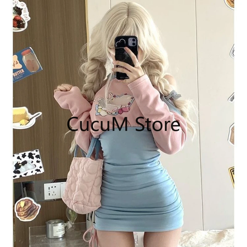 Women Korean Chic Patchwork Print Mini Bodycon Dresses Y2k Off Shoulder Sweet Girls Pink Blue Folds Pleated Dress 2023 Summer