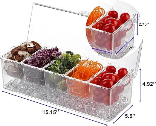 Large Ice Chilled Condiment Caddy 5 Removable Compartment Serving Platters Fruit Garnish Tray for Party Supplies Bar Accessories 4