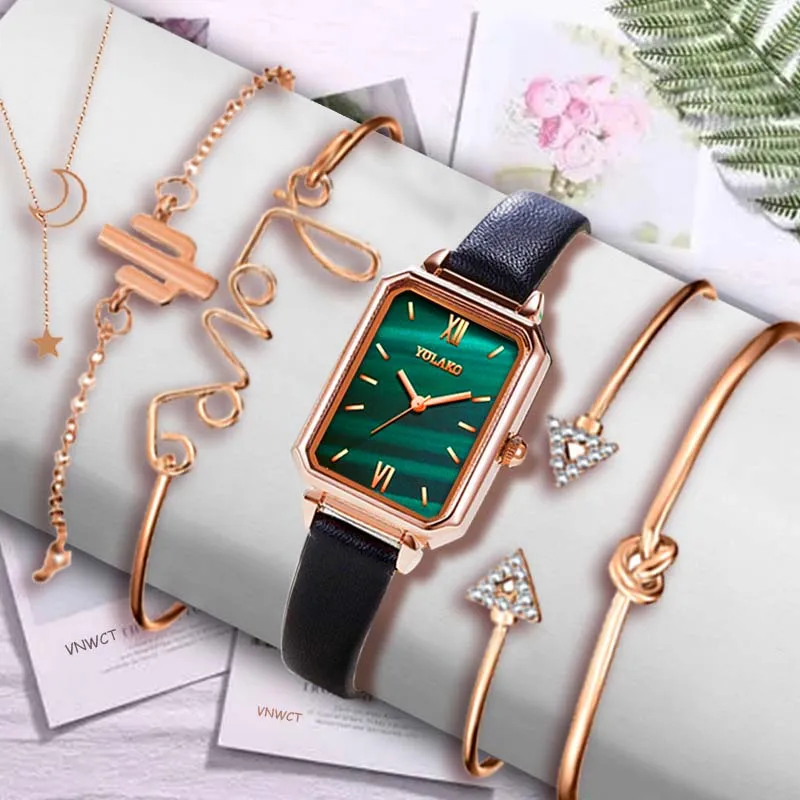 

New Ins Women Watch Bracelet Set Emerald WristWatch Fashion Ladies Leather Watch Clock for Women Relogio Feminino Montre Femme